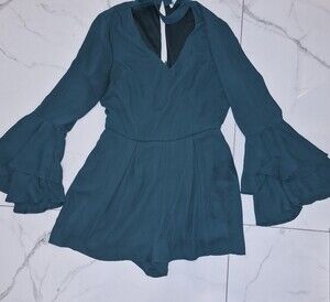 She + Sky Teal V-Neck Long-Sleeve Peplum Romper with Ruffle Cuffs